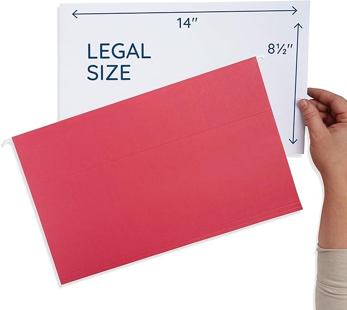 25 Blue Summit Supplies Legal Size Hanging File Folders - Red Hanging File Folders with Plastic Tabs and Inserts, Durable 11pt Paper, 25 Pack-DeskLoop Office