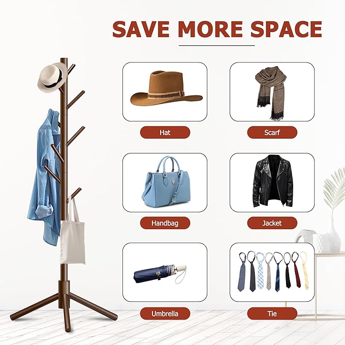 Wooden Coat Rack, Free Standing Coat Rack with 8 Hooks 3 Adjustable Heights for Clothes, Hats, Handbags, Coat Tree Easy Assembly for Entryway, Bedroom, Hallway, Office(2PCS)-DeskLoop Office