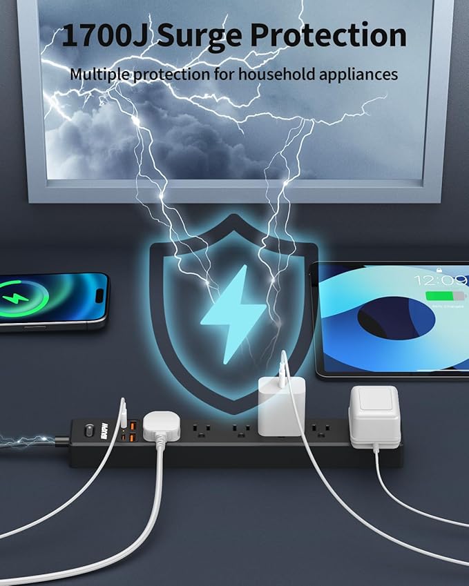 10 Ft Power Strip Surge Protector - 7 Outlets 4 USB Ports (2 USB C), Ultra Thin Flat Extension Cord & Flat Plug, 1700 Joules, Wall Mount, Desk Charging Station for Home Office Dorm, Black-DeskLoop Office