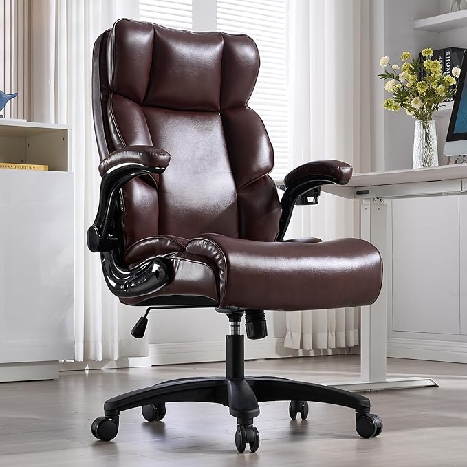 Big and Tall Office Chair 500lbs Wide Seat Executive Office Desk Chair High-Back Office Task Chair with Flip-Up Armrest, Ergonomic Lumbar Support Computer Office Chairs for Heavy People(Brown)-DeskLoop Office