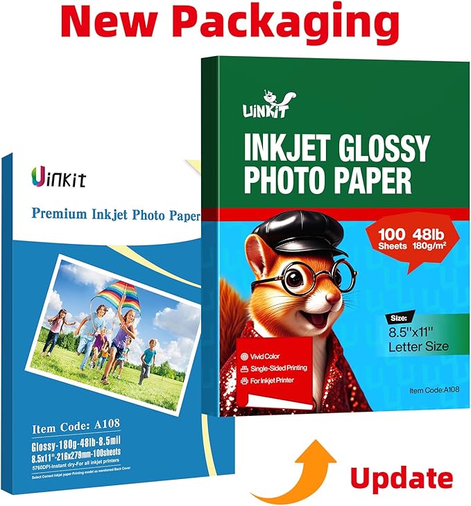Uinkit 100 Sheets Inkjet Photo Paper Glossy 8.5x11 48lb 180Gsm Professional Photographic Paper Letter Size 8.5Mil Instant Dry Suitable for All Ink Printers-DeskLoop Office