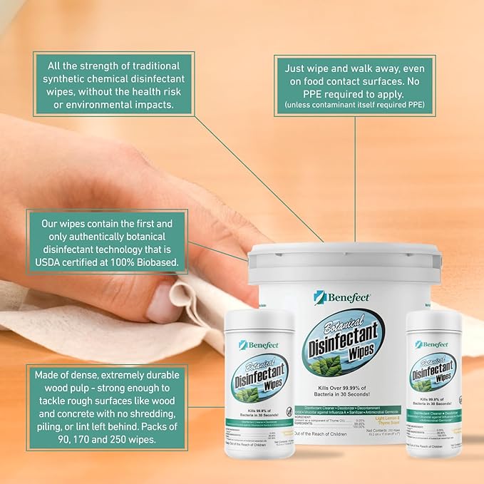 Benefect Botanical Disinfectant Wipes – 750 Sanitizing Wipes. 3 Pack of 250 Wipes Per Unit - High Traffic - Gym Wipes, Schools and Food Safe Cleaning (250, 3)-DeskLoop Office