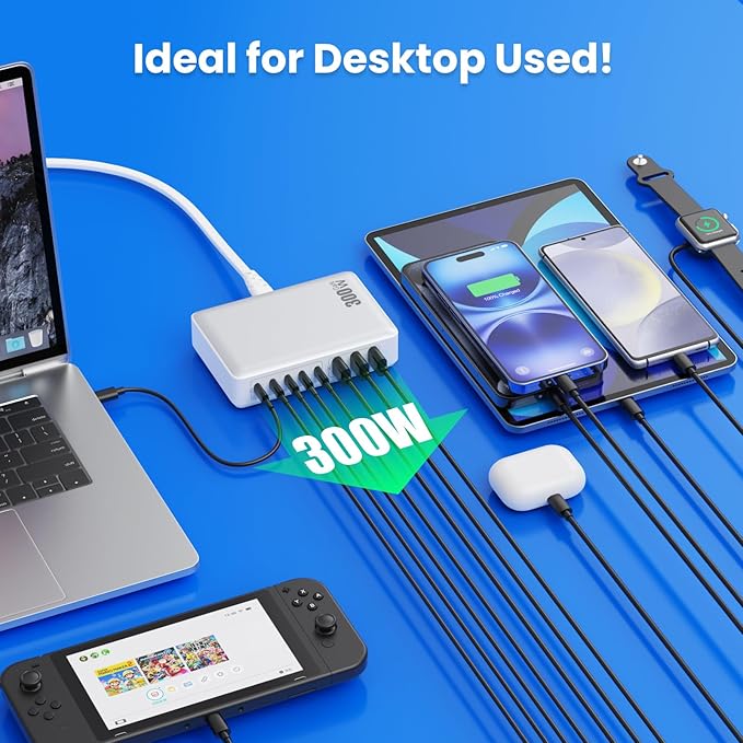 USB C Charger 300W USB C Charger Block 8-Ports GaN IV Fast Charging Station,PD 100W Laptop Charging Hub Wall Charge Adapter Compatible with MacBook/Air,DELL,Steam Desk,iPhone 16/15/14,Galaxy-DeskLoop Office