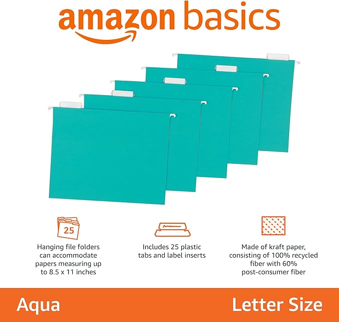 Amazon Basics Hanging File Folders, Letter Size, Aqua, 25-Pack-DeskLoop Office
