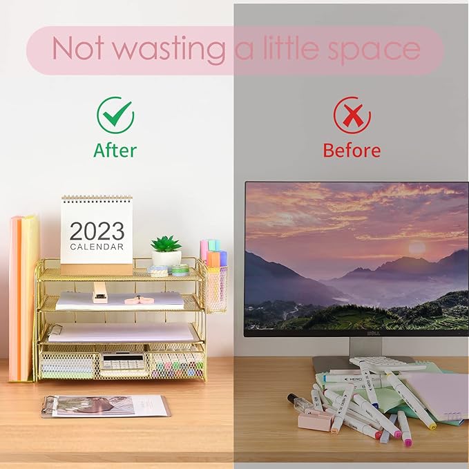 Desk Organizer and Accessories, 4-Tier Desktop File Organizer with Drawer and 2 Pen Holders, Office Desk Accessories for Office Supplies(Gold)-DeskLoop Office