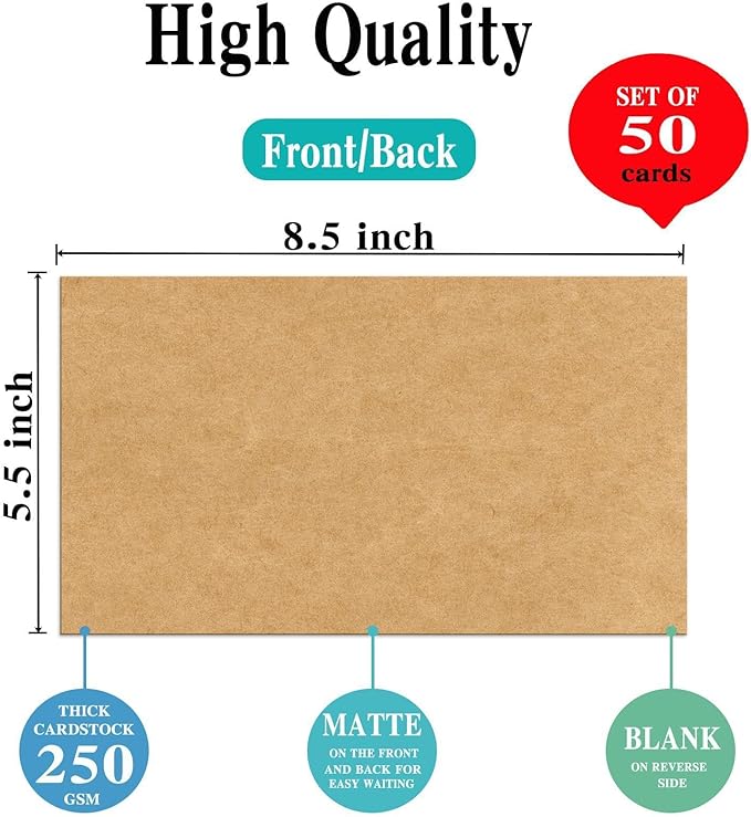 5.5x8.5 Blank Cardstock Paper (Set of 50) Plain Kraft Cards - 80lb Flat Cards Stock Printer Paper for Make Your DIY Invitations, Note, Greeting, Table Cards - Writing, Stamping, Drawing, Painting-DeskLoop Office