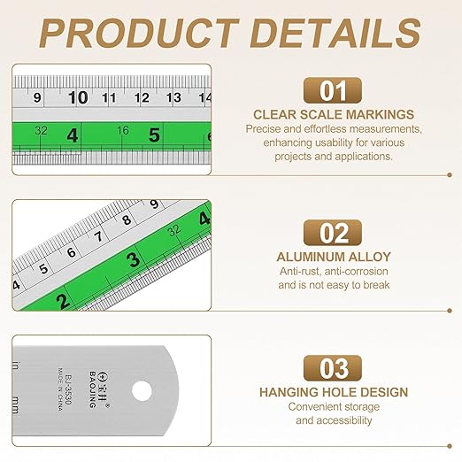 HARFINGTON 6pcs Metal Straight Ruler 30cm Metric SAE Aluminum Alloy Measuring Rulers Scale Tool with Hole for Measure Study Reading Classroom Office, Green-DeskLoop Office