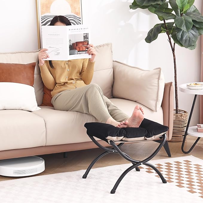 LITA Folding Upholstered Footrest Stool, Modern Small Portable Accent Ottoman with Detachable Thick Cotton Cushion Padded Sofa Stool with Metal Frame for Lazy Chair, Living Room & Bedroom, Black-DeskLoop Office