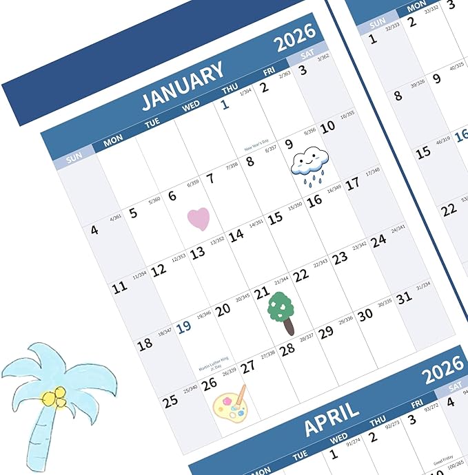 2026 Wall Calendar 34.8" x 22.8" Large Vertical Yearly Wall Hanging Calenda with Julian Date Thick Paper Calendar 12 Month Annual Wall Planner for Wall Office Fridge(Blue)-DeskLoop Office