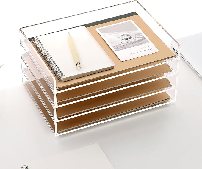 SANRUI 4 Tier Clear Desk Paper Letter Organizer Trays, A4 Stackable File Document Tray, Acrylic Desk Organizers and Accessories Sorter, Workspace Office Supplies Organizers,12.4inx8.86inx6.64in-DeskLoop Office