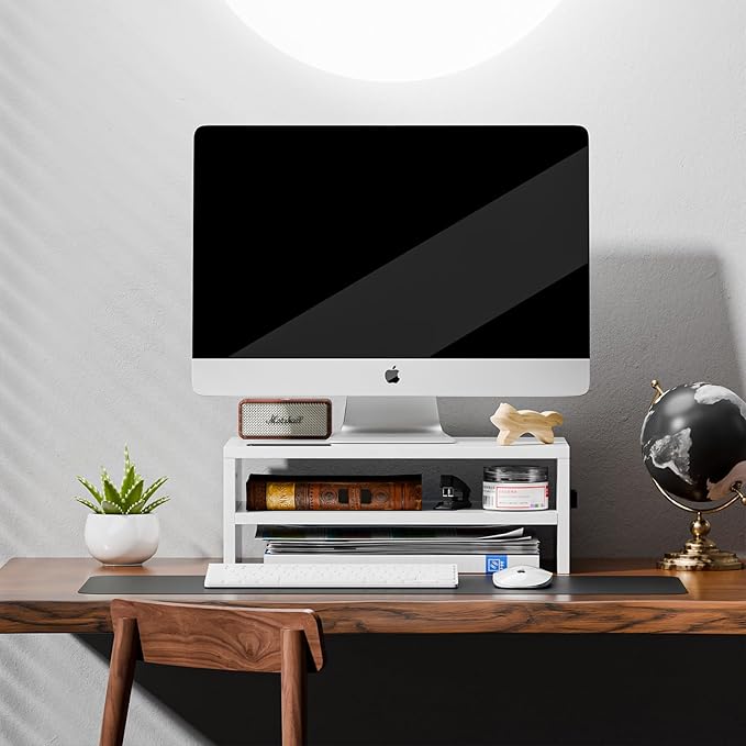 Marbrasse Monitor Stand Riser, 16.5 Inch 2 Tier Computer Printer Shelf Stand for Laptop Computer Screen Storage, Desktop Stand with Phone Holder and Cable Management (White)-DeskLoop Office