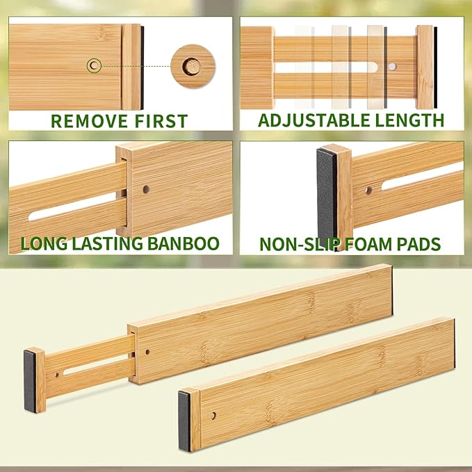Bamboo Drawer Organizers 4 Pack, 17-22" Adjustable Spring Loaded Dividers for Kitchen Utensils, Silverware, Clothes, Dresser, Bathroom and Office Storage-DeskLoop Office