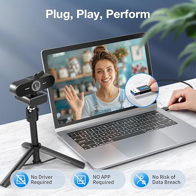 EMEET NOVA 4K Webcam with Tripod - 4K UHD, PDAF Autofocus, Adjustable Heights with 360° Swivel Head, 2 Noise-Cancelling Mics, USB Plug&Play, Privacy Cover, Ideal for Online Meetings&Live Streaming-DeskLoop Office