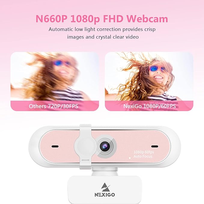 NexiGo N660P 1080P 60FPS Webcam with Software Control, Dual Microphone & Cover, Autofocus, HD USB Computer Web Camera, for OBS/Zoom/Skype/FaceTime/Teams/Twitch, Pink-DeskLoop Office