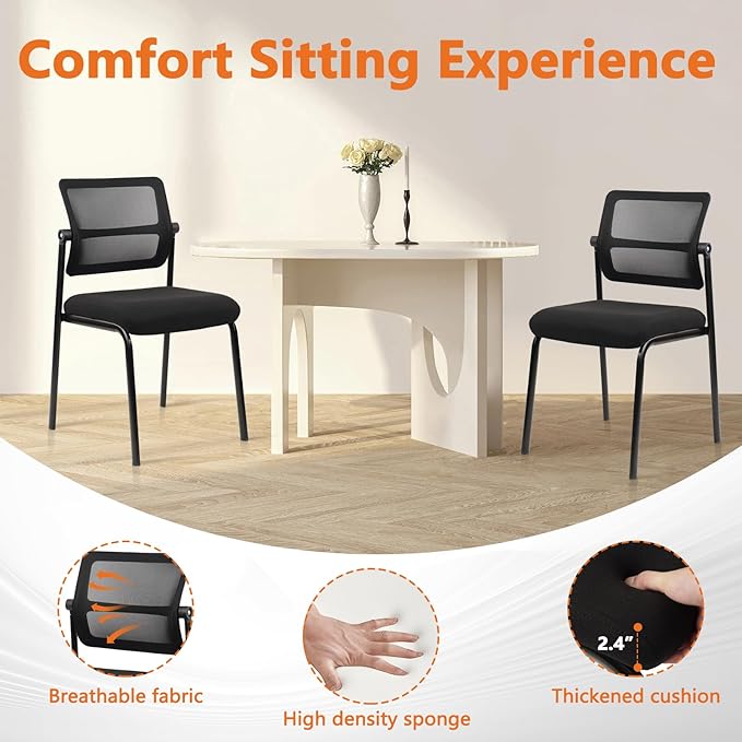 CLATINA Stacking Armless Office Waiting Room Chair with Adjustable Backrest, Stackable Mesh Guest Reception Desk Chairs with Ergonomic Lumbar Support for Conference Lobby Side School, Black, 2 Pack-DeskLoop Office