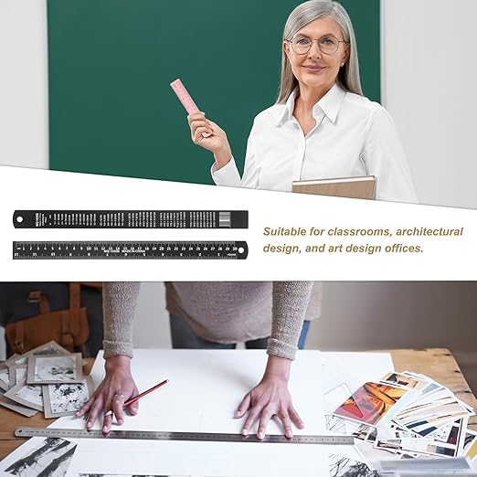 HARFINGTON 6pcs Metal Straight Ruler 30cm Metric SAE Aluminum Alloy Measuring Rulers Scale Tool with Hole for Measure Study Reading Classroom Office, Black-DeskLoop Office