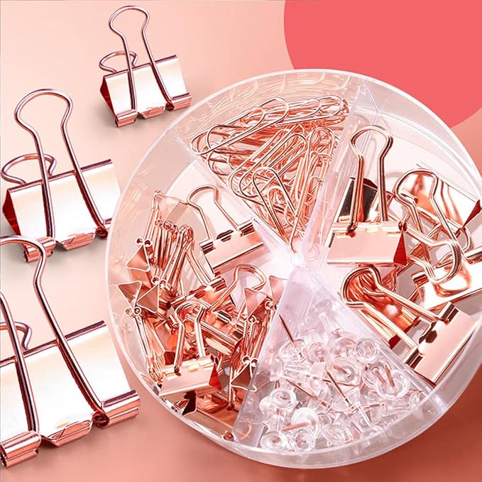 Paper Clips and Binder Clips Set, 3 Pack, 216 pcs, Metal Assorted Sized Binders with Push Pins, Cute Rose Gold Office Supplies for Desk, Desk Accessories-DeskLoop Office