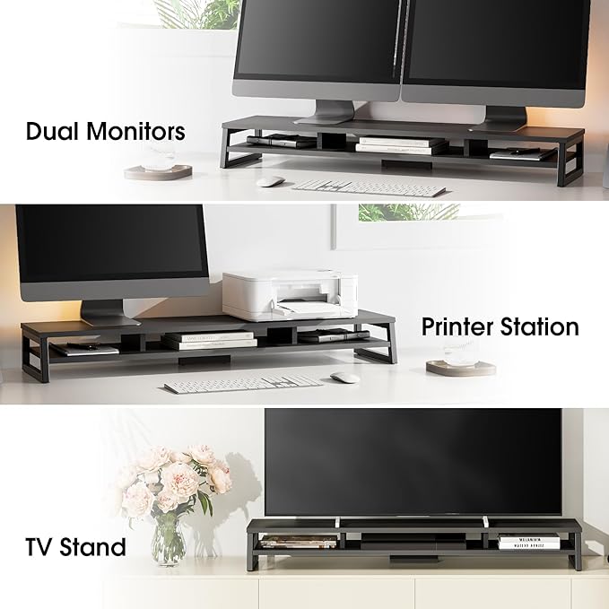 Fenge Dual Monitor Stand for Desk, 42.5in Large Monitor Riser for 2 Monitors, 2 Tier Computer Office Desk Top Shelf, Desktop Storage Stand for Laptop, PC, Computer, Printer-DeskLoop Office