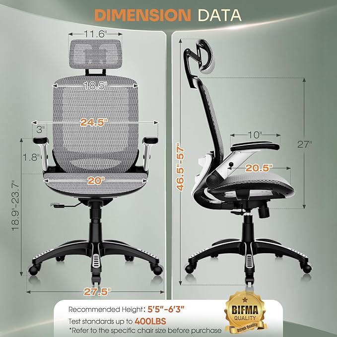 GABRYLLY Ergonomic Office Chair, High Back Home Desk Chair with Headrest, Flip-Up Arms, 90-120° Tilt Lock and Wide Cushion, Big and Tall Mesh Chairs for Man Woman, Grey Task Chair-DeskLoop Office