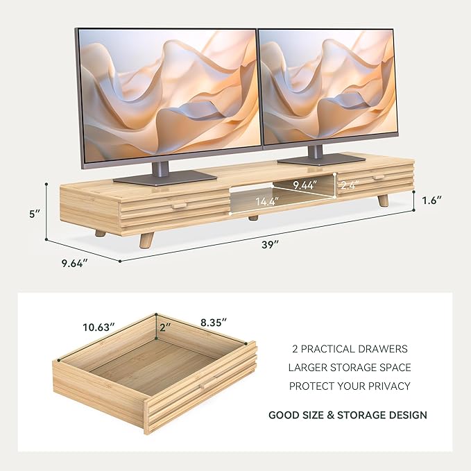Bamboo Monitor Stand with Drawer - Desk Organizer with Cable Management & Storage, Ergonomic Laptop Riser for Home Office (220lbs Capacity, 39 inch ,Natural)-DeskLoop Office