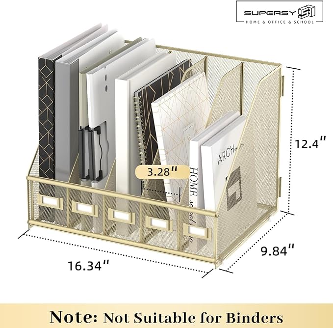 SUPEASY Desk Organizers Metal Desk Magazine File Holder with 5 Vertical Compartments Rack File Organizer for Office Desktop, Home Workspace, Golden Yellow-DeskLoop Office