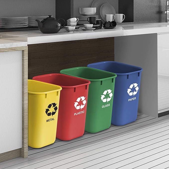 Acrimet Wastebasket Bin for Recycling, 6.75 Gallon/ 27 Quart/ 25.552 Liter (Made of Plastic) (Metal/Yellow, Paper/Blue, Glass/Green, Plastic/Red) (Set of 4)-DeskLoop Office