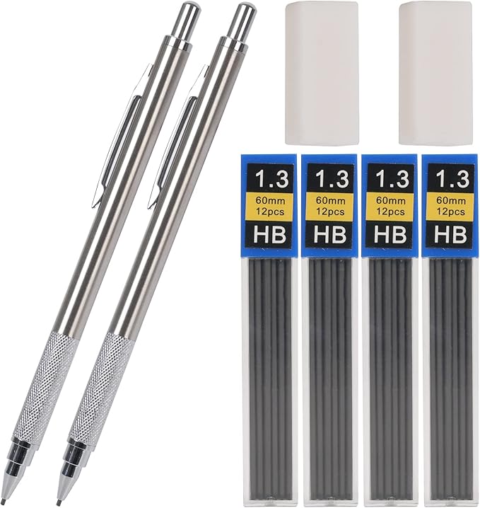 1.3 mm Mechanical Pencil Set with 4 Tubes Lead Refills,2 Eraser,1.3mm Mechanical Pencils,Metal Drafting Pencil, Lead Holder,Drawing Mechanical Pencils,Carpenter Pencils for Marking, Sketching-DeskLoop Office