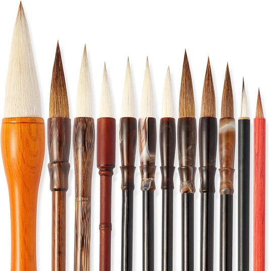 Corciosy 12 Pieces Chinese Calligraphy Brush Set - Premium Painting Writing Watercolor Sumi Brushes Set Kanji Japanese Drawing Art Brushes with Roll-up Brush Holder-DeskLoop Office