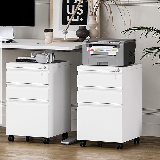 3 Drawer File Cabinet with Lock, File Cabinets for Home Office,Under Desk Cabinet, Locking File Cabinet for A4/Letter/Legal, Fully Assembled Expect Casters, Matte White-DeskLoop Office