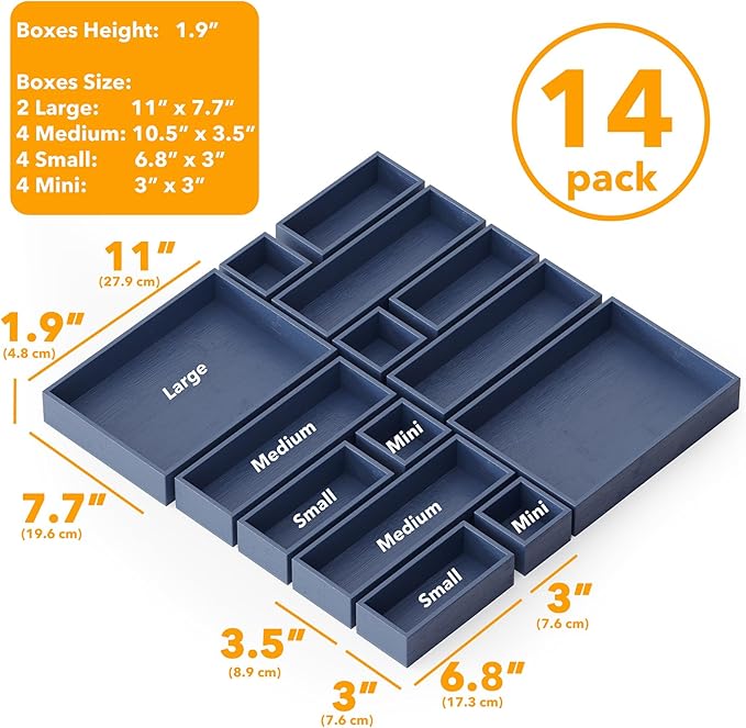 SpaceAid 14-Piece Bamboo Drawer Organizer Storage Boxes Set, Wood Tray Junk Drawer Organizers Multi-Use Divider Bins for Kitchen, Bathroom, Office Desk and Makeup Organization (14 Pack, Navy Blue)-DeskLoop Office