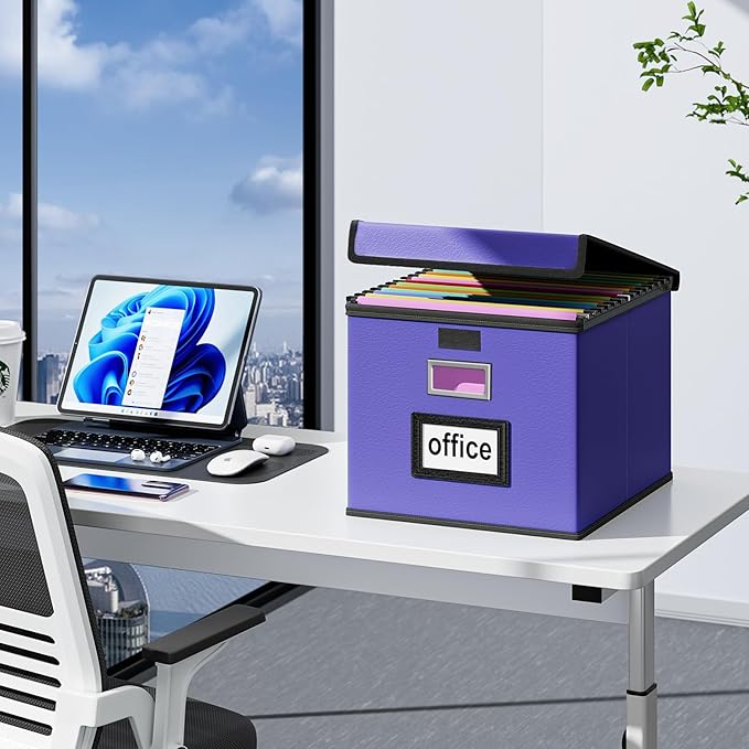 Huolewa File Organizer Box with Lid, Collapsible Leather File Folder Organizer for Office Document Storage, Filing Box with Plastic Slide for Letter/Legal Size Hanging Files,Navy Blue-DeskLoop Office