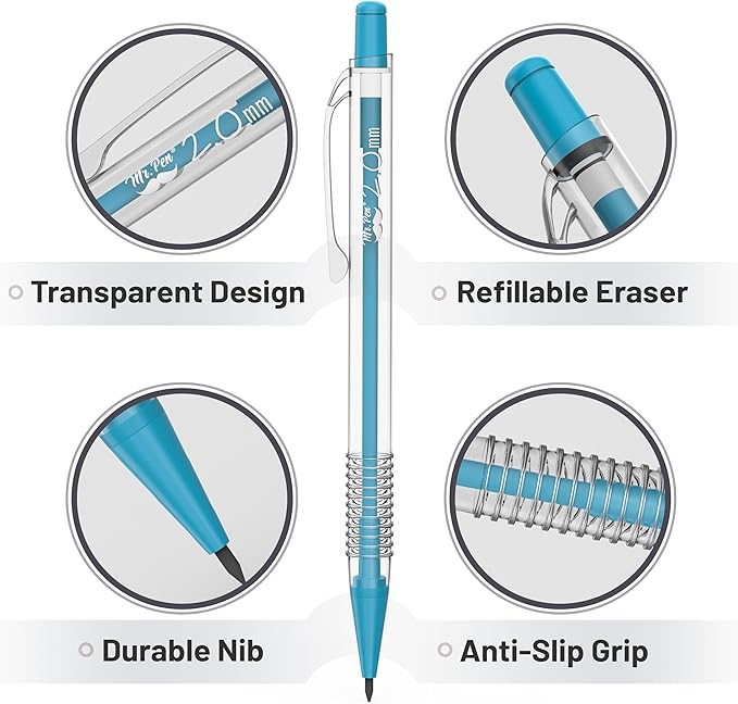 Mr. Pen- Pastel Mechanical Pencil Set with Black Lead and Eraser Refills, Clear Barrel, 0.3, 0.5, 0.7, 0.9, 2mm, Pastel Mechanical Pencils, Cute Mechanical Pencil Set, Aesthetic Mechanical Pencils-DeskLoop Office