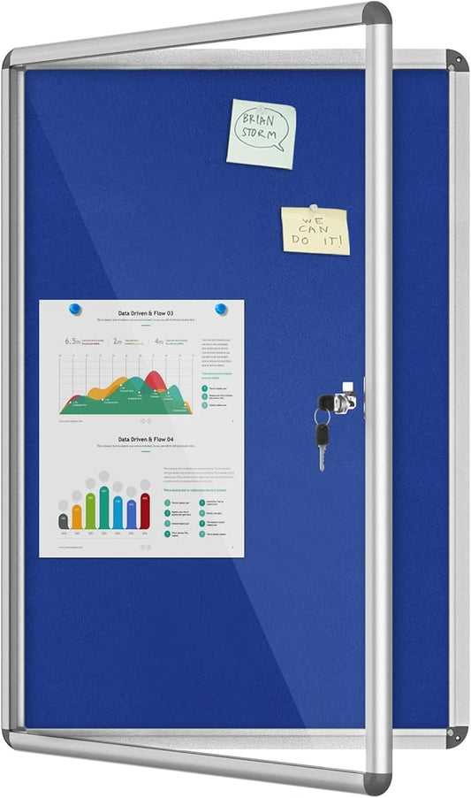 36"x24" Enclosed Bulletin Board, Lockable Weather-Resistant Aluminum Cork Noticeboard for School & Office, Silver Frame w/Blue Flet-DeskLoop Office