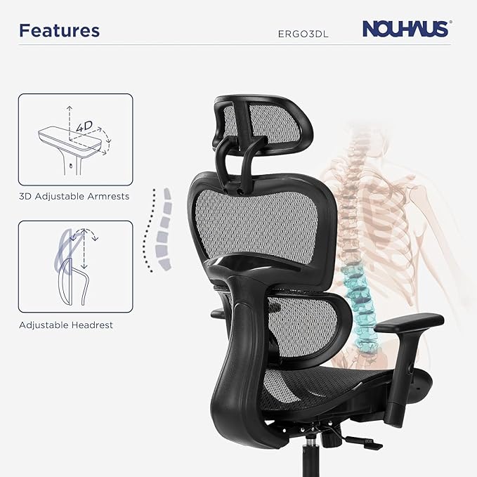 Nouhaus Ergo3D Ergonomic Office Chair Lumbar Support Mesh Office Chair with 4D Adjustable Armrest, Adjustable Headrest and Wheels, Mesh High Back Home Office Desk Chairs(Black)-DeskLoop Office