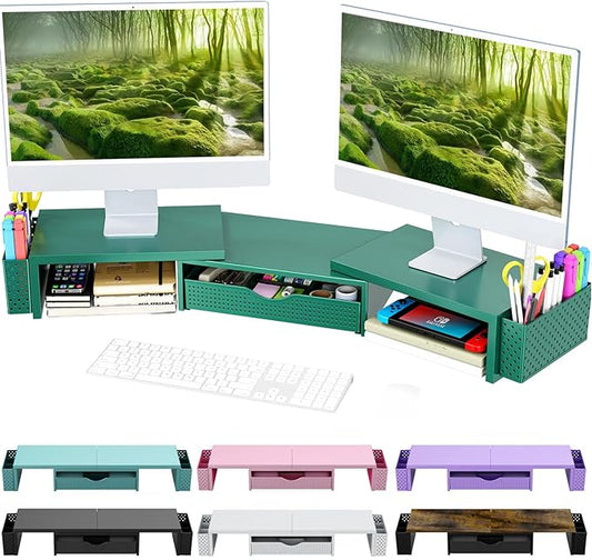 Spacrea Metal Desk Organizers and Accessories, Dual Monitor Stand Riser with Drawer and 2 Pen Holders, Desk Accessories & Workspace Desktop Organizers for Office Supplies (Dark Gree)-DeskLoop Office