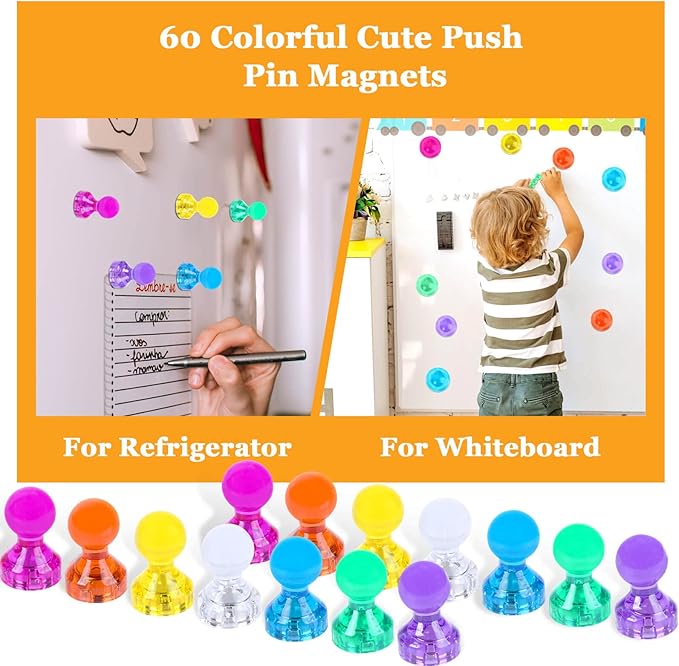 60Pcs Push Pin Magnets, Small Strong Refrigerator Magnets for Whiteboard, Funny Cute Decorative Fridge Magnet, for Locker School Classroom Calendar Kitchen Office Dry Erase Board Map Magnetic Push Pin-DeskLoop Office