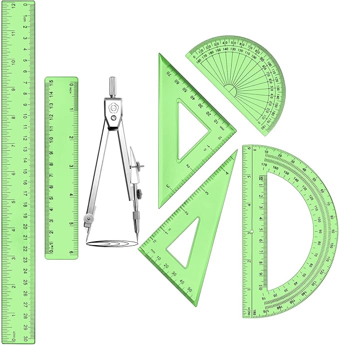 Zonon 1 Set Plastic Geometry Math Set Includes Drawing Compass, 6 Inch 4 Inch Protractor, 45/60 Degree Triangle Rulers 12 Inch 6 Inch Math Ruler Transparent for Office Supplies(Green)-DeskLoop Office