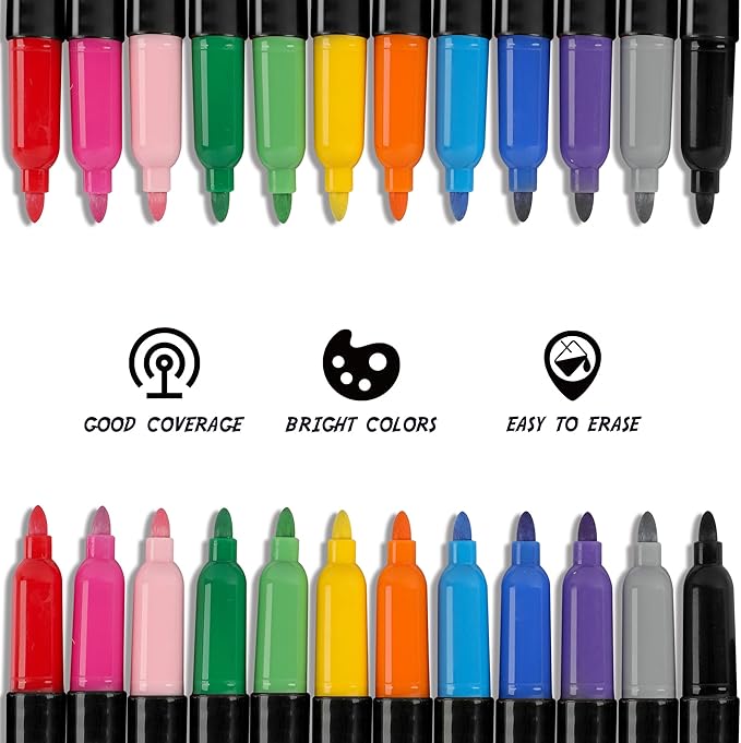 Dabo&Shobo Wet Erase Markers, 24-Count Smudge-Free Markers, 12 Colors Fine Tip, Erases With Water! Wet-Erase Low Odor Marker For Office, School And Home-DeskLoop Office
