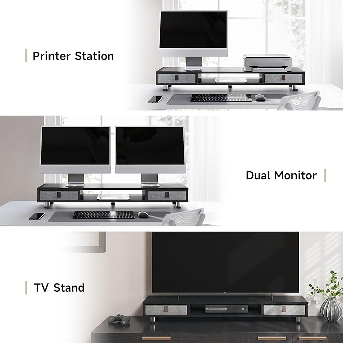 Fenge Dual Monitor Stand with 2 Drawers, 42.5 Inches Large Computer Riser for Desk, Adjustable Height Desk Shelf with Storage for Laptop, PC, TV, Printer-DeskLoop Office