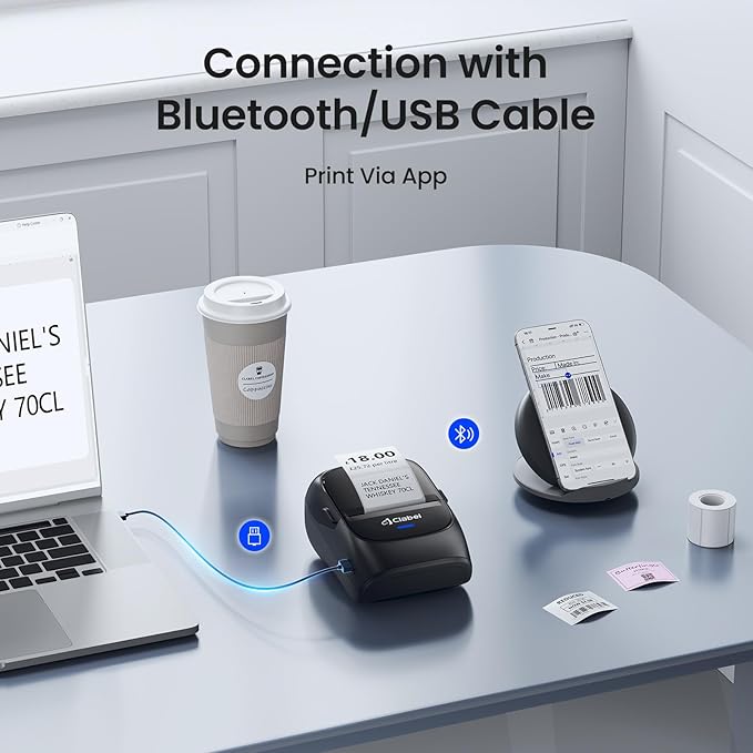 CLABEL Thermal Label Maker Machine: 221B Bluetooth Label Maker Machine with Tape Mini Sticker Printer Barcode Printer Compatible with Smartphone with 3 Roll 40x30mm,50x30mm,50x80mm Label (Black)-DeskLoop Office