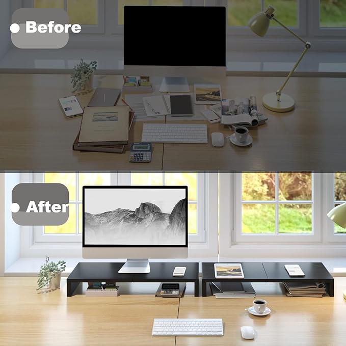 TEAMIX 2 Pack Monitor Stand Riser-20 inch, Black Desktop Stand for PC/TV/Laptop/Printer, Keyboard Shelf Organizer Wood Monitor Riser with Storage-DeskLoop Office