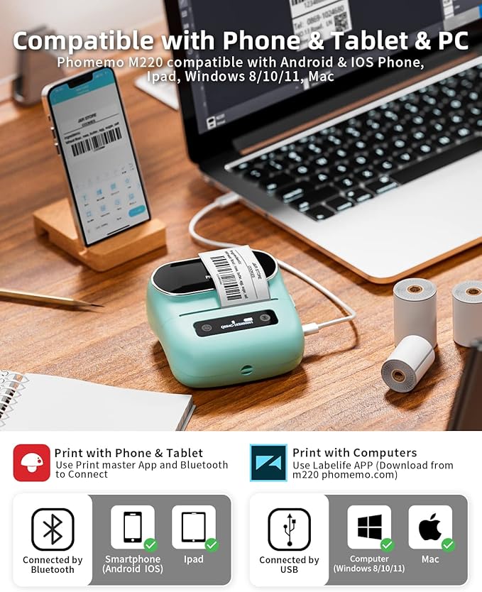 Phomemo Label Maker, M220 Thermal Label Printer, Portable Bluetooth Wireless Inkless 3 Inch Barcode Printer, Great for Home, School & Office, Compatible with Phone, PC, with 3 Label-DeskLoop Office