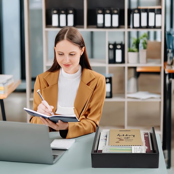 Demigo Desk Organizer Letter Tray Set of 2, Acacia Wood Tabletop Desktop for Storage Paper Letter Folders Notebooks Copy Print, Workspace Holder, Keep Stationery Saver (Black)-DeskLoop Office