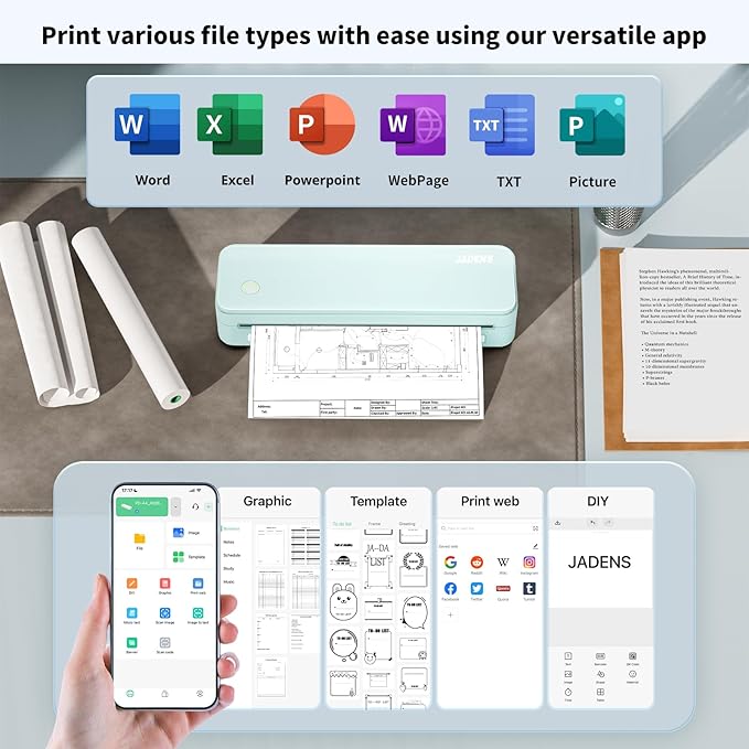 JADENS Portable Printers Wireless for Travel, Thermal Inkless Printer, Support 8.5" X 11" Thermal Paper(Green)-DeskLoop Office