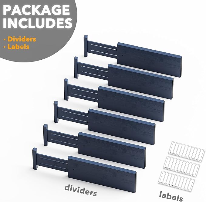 SpaceAid Bamboo Dresser Drawer Dividers 6 Pack, 4.65“ High Adjustable 12.5“-17” Drawer Organizers, Expandable Organization for Clothing, Clothes, Dressers, Navy Blue-DeskLoop Office