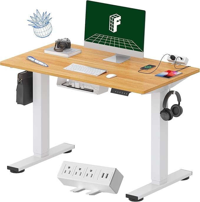FLEXISPOT EN2 Whole-Piece Standing Desk with Clamp Power Strip, 40 x 24 Electric Stand Up Height Adjustable Desk with Cable Management (White Frame + 40" Maple Top)-DeskLoop Office