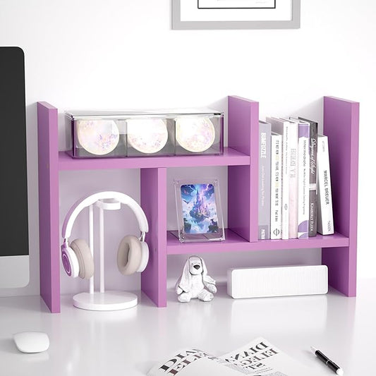 Jerry & Maggie Desktop Organizer Office Storage Rack Adjustable Wood Display Shelf Free Style Double H, Multi-Functional Mini Bookshelf for Desk Natural Stand (Violet)-DeskLoop Office