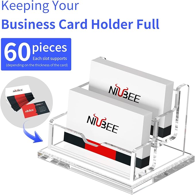 NIUBEE Clear Business Card Holder 2 Tier Acrylic Business Card Stand, 2 Slots Business Card Display for Desk Counter, 150 Card Capacity, 1 Pack-DeskLoop Office