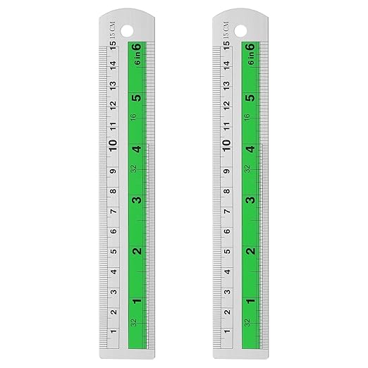 HARFINGTON 2pcs Metal Straight Ruler 15cm Metric SAE Aluminum Alloy Measuring Rulers Scale Tool with Hole for Measure Study Reading Classroom Office, Green-DeskLoop Office
