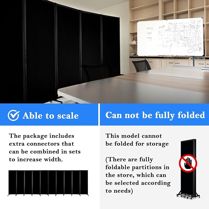 Upgrade Version Room Partition and Divider, Freestanding Rolling Dividers with Wheels,Office Privacy Screen Divider Wall,Classroom Felt Dividers,12'2"L* 6'7"H,6 Panel,Black-DeskLoop Office